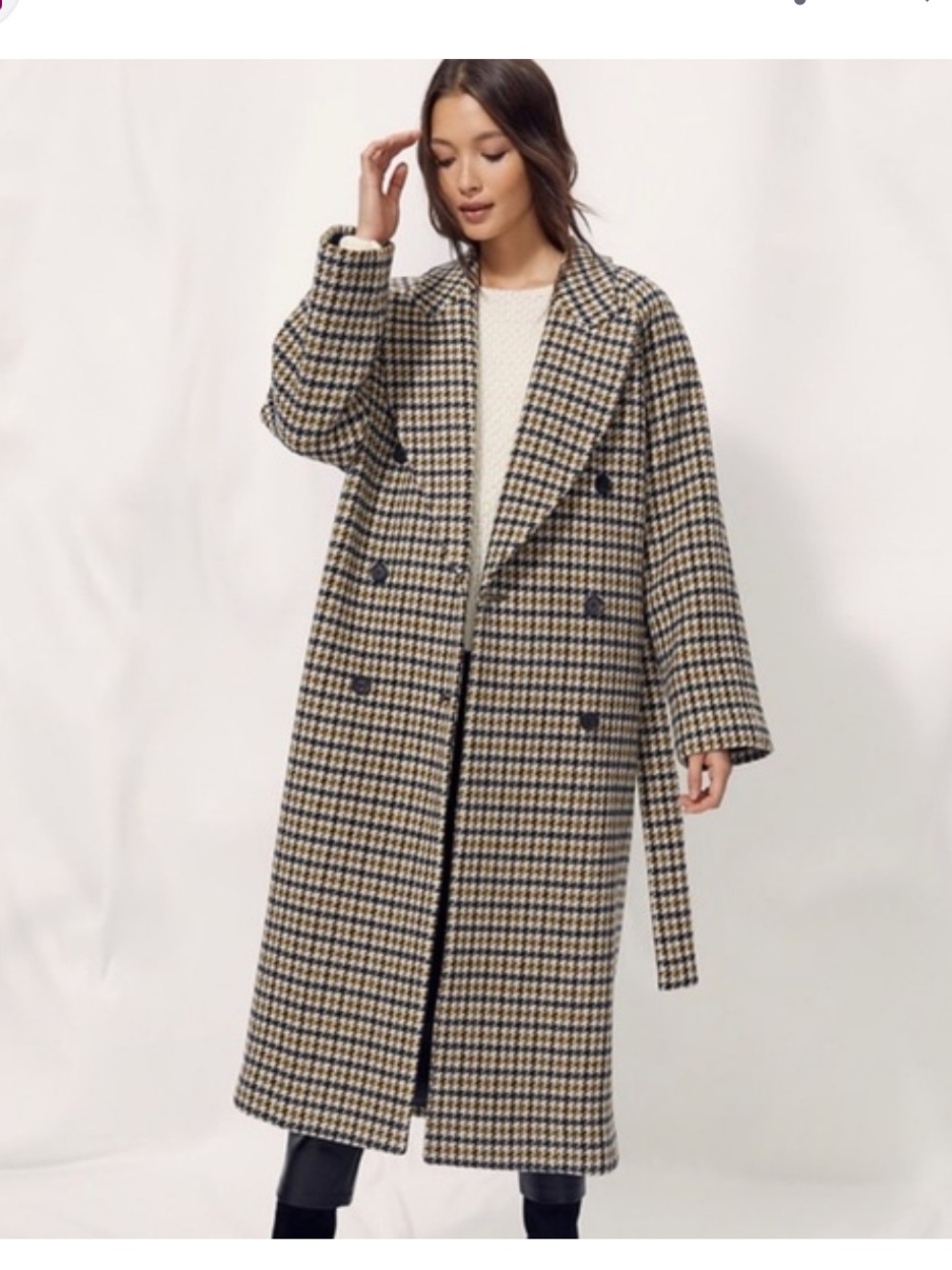 ARITZIA WILFRED Wool Houndstooth Double-Breasted Long Coat - Beige/Black